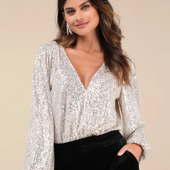 Lulus Tops - Lulus Sequin Long Sleeve Bodysuit
